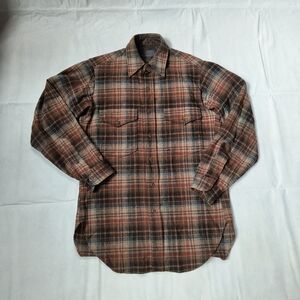 Pendleton Wool Board Shirt Brown Plaid Flap Pocket Men's Small Vintage 60s